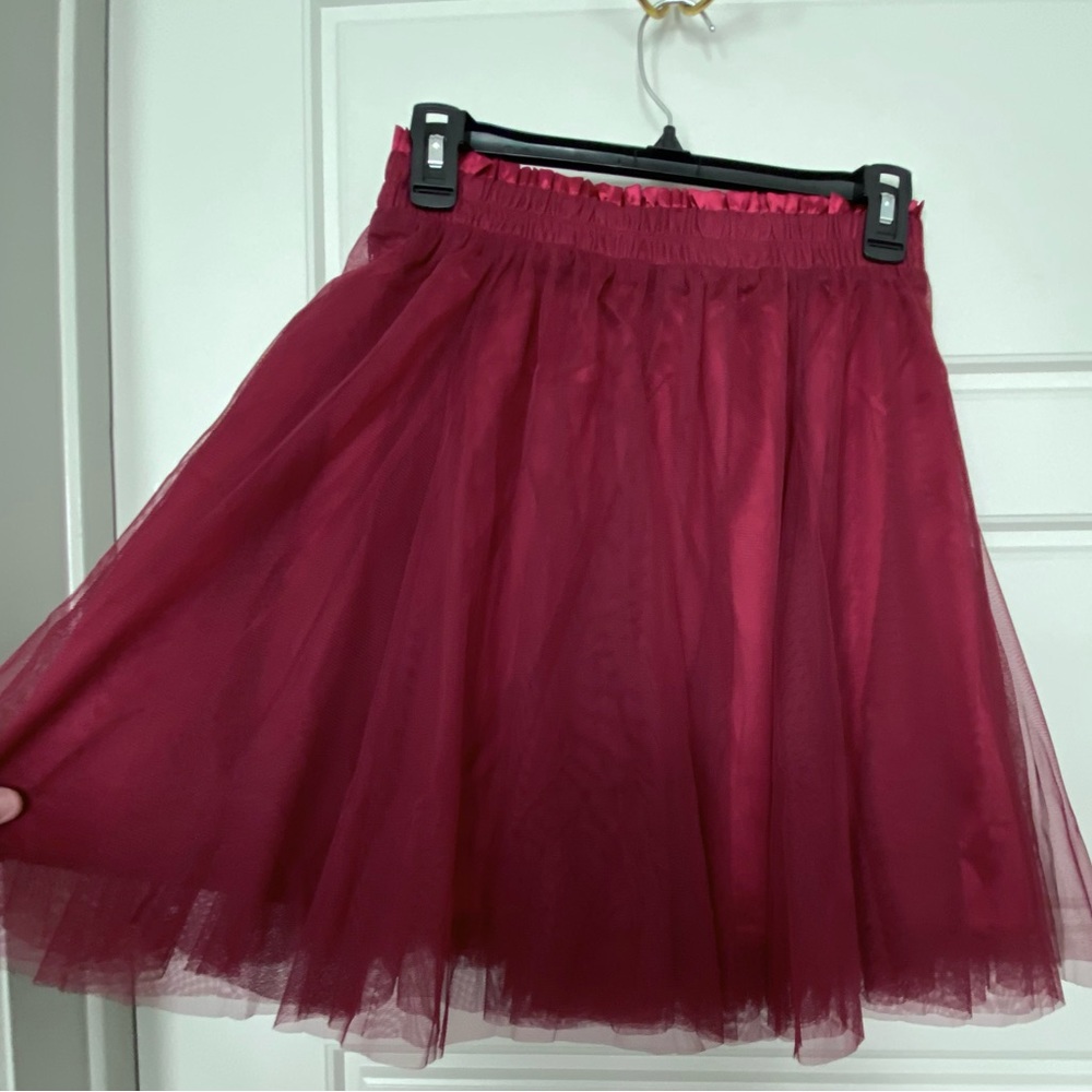 Burgundy red full tulle silky lines fairy Princess mini skirt festival concert